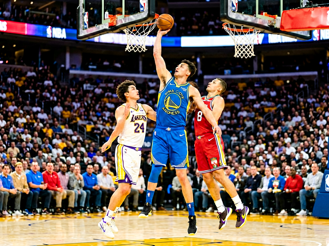 NBA常规赛比赛现场，球员突破上篮精彩瞬间